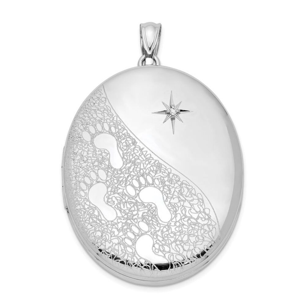 34mm Footprints and Diamond Star Oval Locket in Sterling Silver